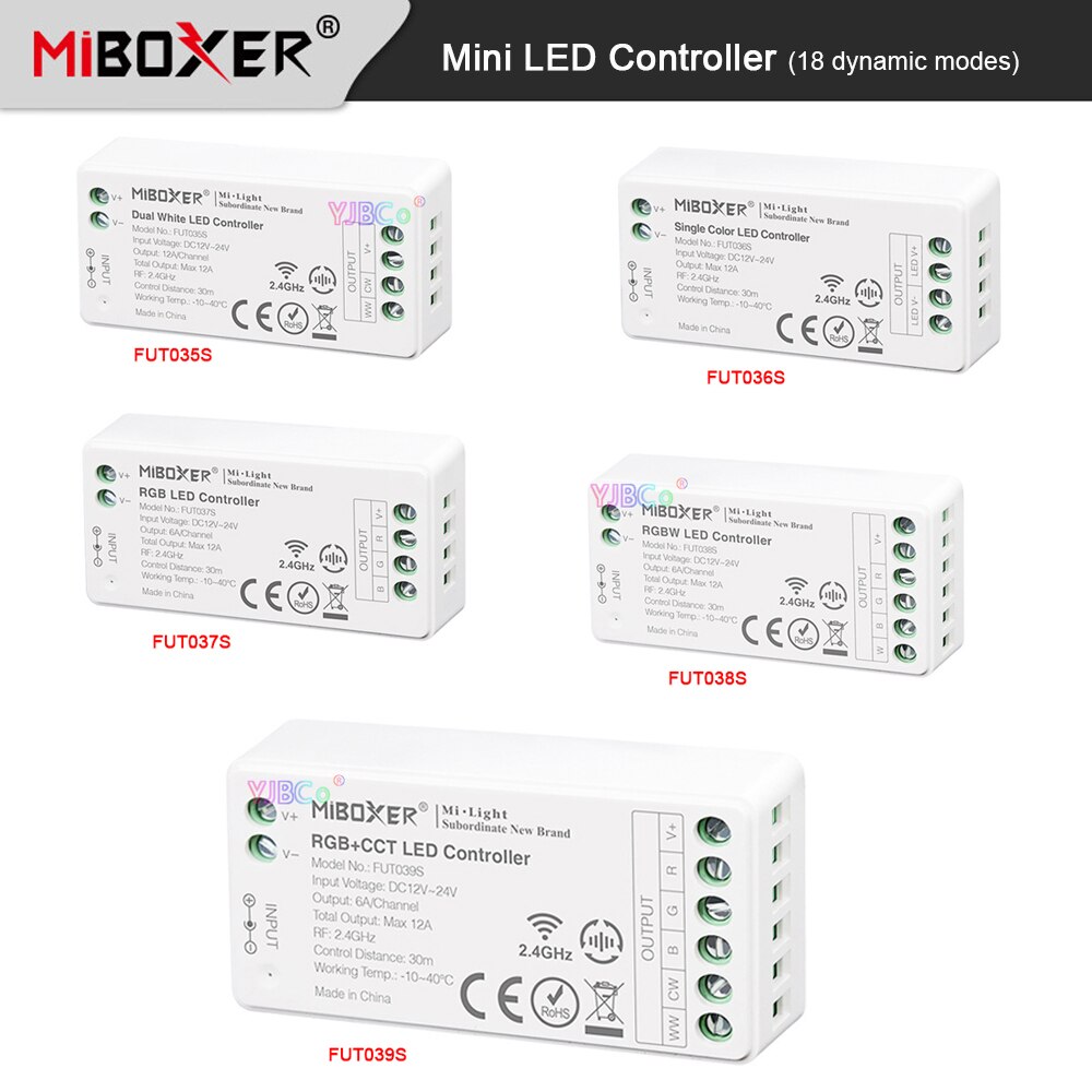 미니 2.4G LED 스트립 컨트롤러 Miboxer 단일 색상/CCT /RGB /RGBW /RGB + CCT 조명 테이프 조 광 기 12V 24V 12A 2.4G 원격 제어